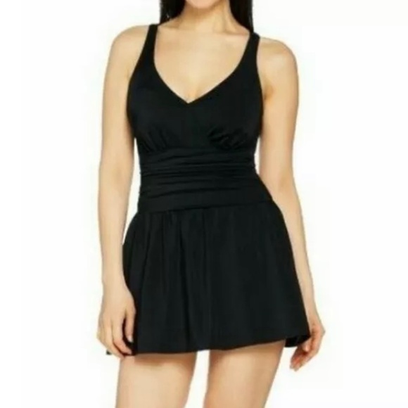 DENIM & COMPANY BEACH Women’s Black V-Neck Skirted Modest Swimsuits One Piece 16 - Picture 1 of 7